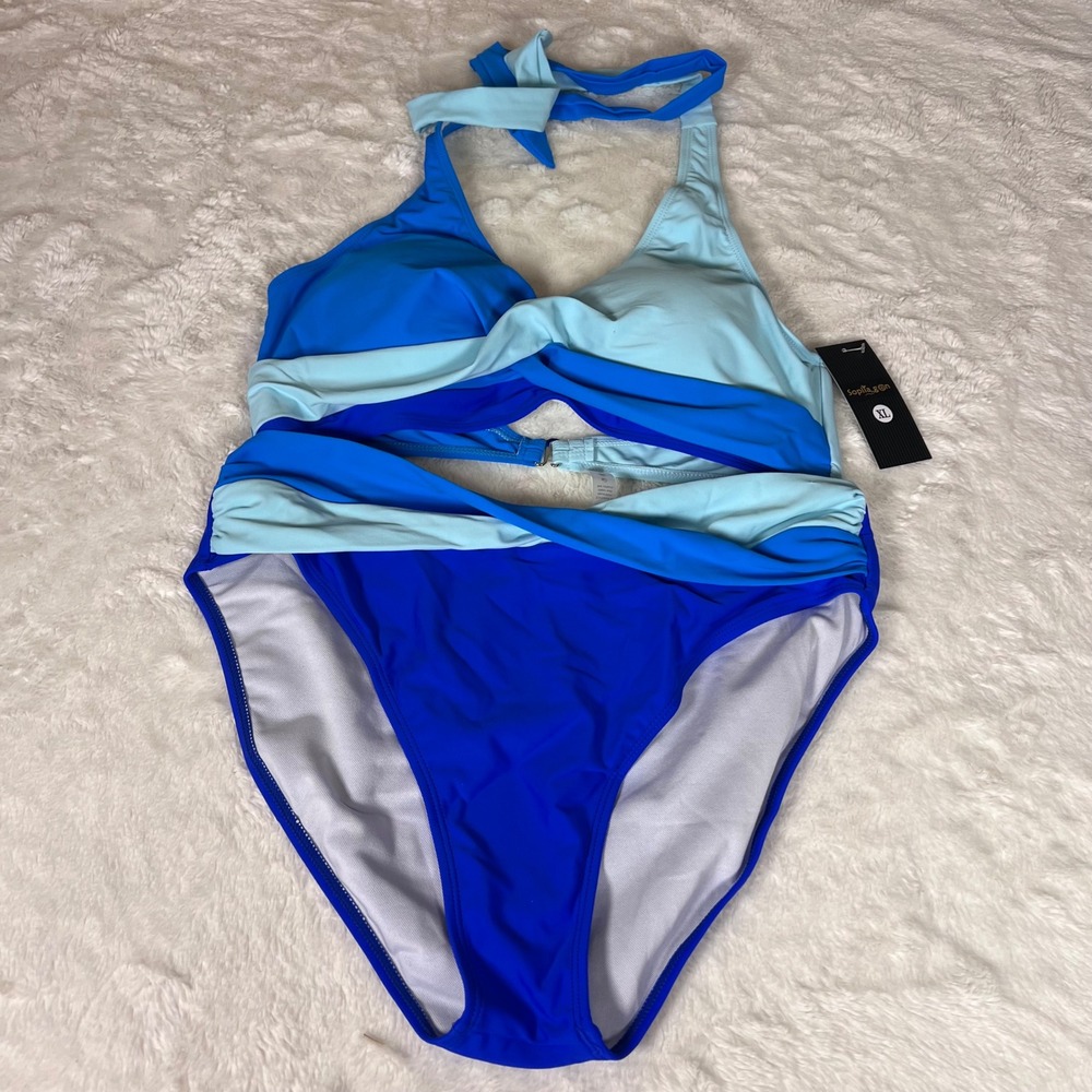 Sophiagon Blue Colorblock Halter‎ High Waisted Two Piece Bikini Set Size XL NWT